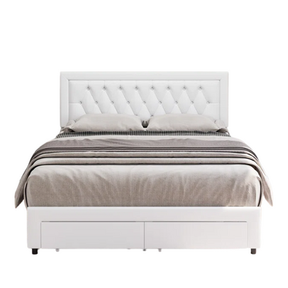 Full-size white PU leather platform bed with tufted headboard and two storage drawers
