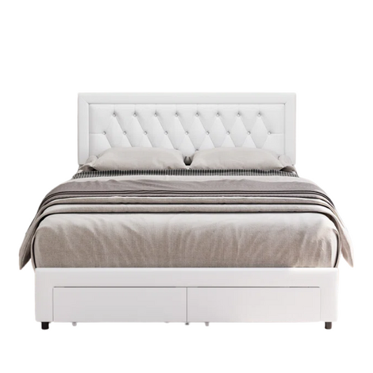 Full-size white PU leather platform bed with tufted headboard and two storage drawers