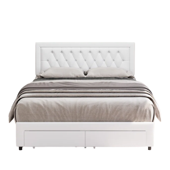 Full-size white PU leather platform bed with tufted headboard and two storage drawers