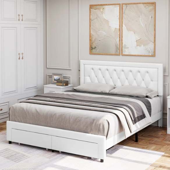 Full-size white PU leather platform bed with tufted headboard and two storage drawers
