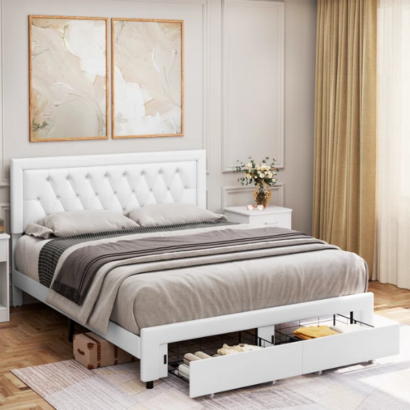 Full-size white PU leather platform bed with tufted headboard and two storage drawers