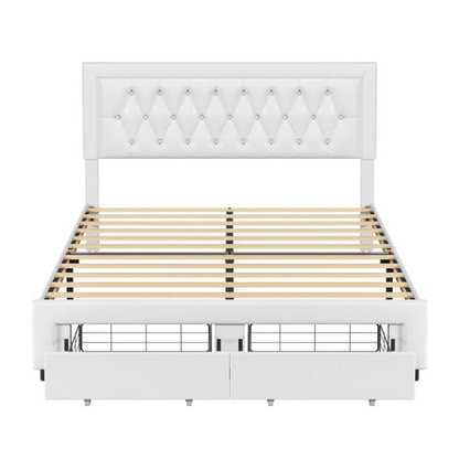 Full-size white PU leather platform bed with tufted headboard and two storage drawers