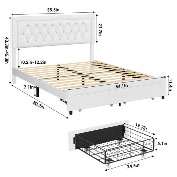 Full-size white PU leather platform bed with tufted headboard and two storage drawers