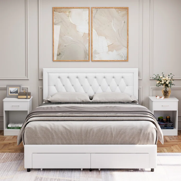 Full-size white PU leather platform bed with tufted headboard and two storage drawers
