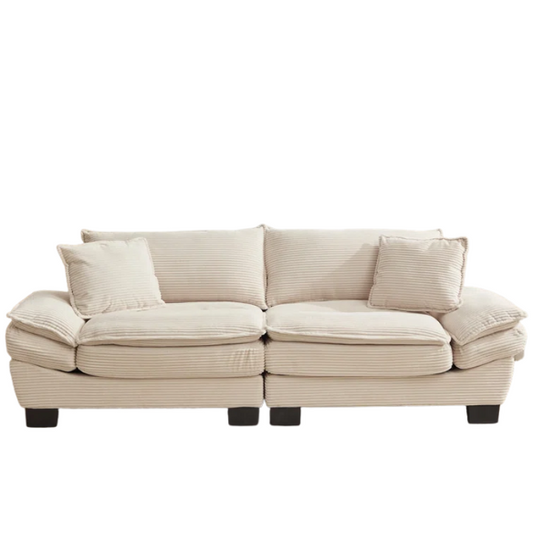 84-inch beige corduroy loveseat with striped upholstery, pillow-top arms, and two accent pillows—modern, low-profile design for living rooms or small spaces.