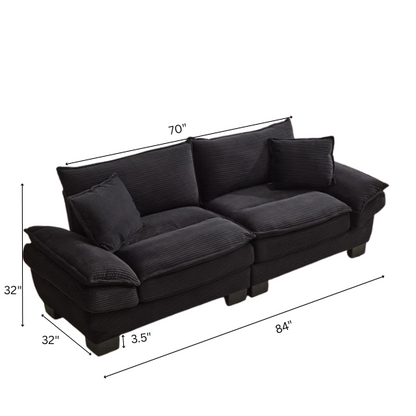 84-inch black corduroy loveseat with striped upholstery, pillow-top arms, and two accent pillows—modern, low-profile design ideal for contemporary living rooms or compact spaces.

