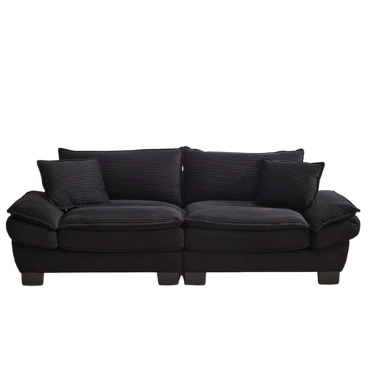 84-inch black corduroy loveseat with striped upholstery, pillow-top arms, and two accent pillows—modern, low-profile design ideal for contemporary living rooms or compact spaces.

