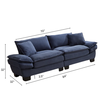 84-inch blue corduroy loveseat with striped upholstery, pillow-top arms, and two accent pillows—modern, low-profile design ideal for stylish living rooms or small spaces.

