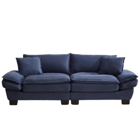 84-inch blue corduroy loveseat with striped upholstery, pillow-top arms, and two accent pillows—modern, low-profile design ideal for stylish living rooms or small spaces.

