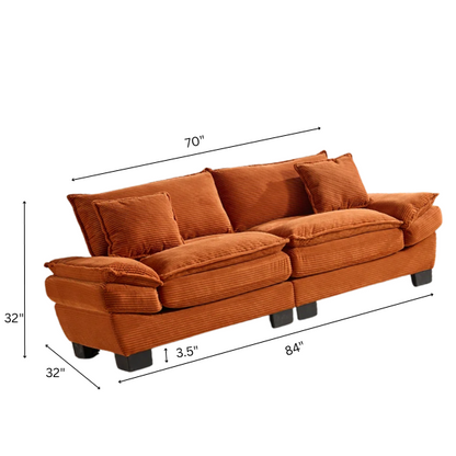 84-inch burnt orange corduroy loveseat with striped upholstery, pillow-top arms, and two accent pillows—modern, low-profile design ideal for vibrant, stylish interiors.

