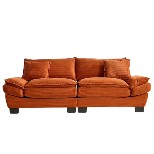 84-inch burnt orange corduroy loveseat with striped upholstery, pillow-top arms, and two accent pillows—modern, low-profile design ideal for vibrant, stylish interiors.

