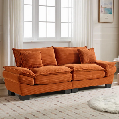 84-inch burnt orange corduroy loveseat with striped upholstery, pillow-top arms, and two accent pillows—modern, low-profile design ideal for vibrant, stylish interiors.

