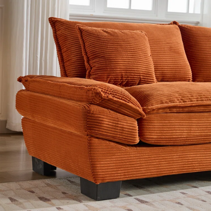 84-inch burnt orange corduroy loveseat with striped upholstery, pillow-top arms, and two accent pillows—modern, low-profile design ideal for vibrant, stylish interiors.

