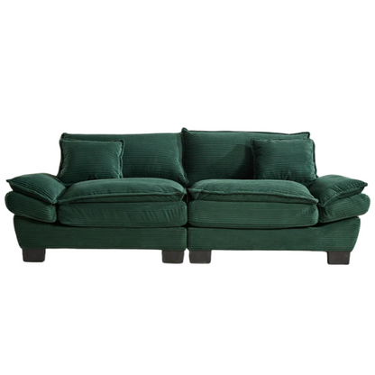 84-inch dark green corduroy loveseat with striped upholstery, pillow-top arms, and two accent pillows—modern, low-profile design ideal for stylish living rooms, offices, or apartments.

