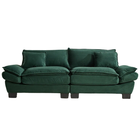 84-inch dark green corduroy loveseat with striped upholstery, pillow-top arms, and two accent pillows—modern, low-profile design ideal for stylish living rooms, offices, or apartments.

