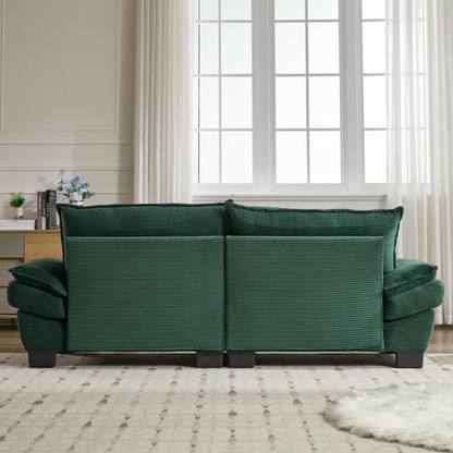 84-inch dark green corduroy loveseat with striped upholstery, pillow-top arms, and two accent pillows—modern, low-profile design ideal for stylish living rooms, offices, or apartments.

