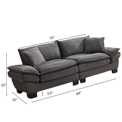 84-inch grey corduroy loveseat with striped upholstery, pillow-top arms, and two accent pillows—modern, low-profile design ideal for living rooms, apartments, or home offices.

