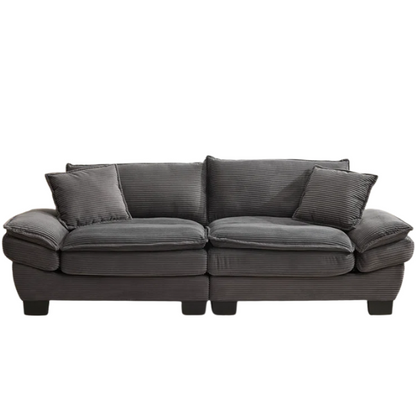 84-inch grey corduroy loveseat with striped upholstery, pillow-top arms, and two accent pillows—modern, low-profile design ideal for living rooms, apartments, or home offices.

