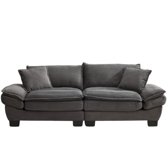 84-inch grey corduroy loveseat with striped upholstery, pillow-top arms, and two accent pillows—modern, low-profile design ideal for living rooms, apartments, or home offices.

