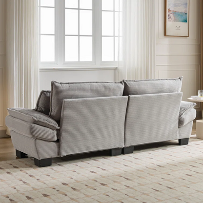 84-inch light grey corduroy loveseat with striped upholstery, pillow-top arms, and two accent pillows—modern, neutral-toned sofa ideal for living rooms, apartments, and minimalist spaces.

