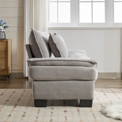 84-inch light grey corduroy loveseat with striped upholstery, pillow-top arms, and two accent pillows—modern, neutral-toned sofa ideal for living rooms, apartments, and minimalist spaces.

