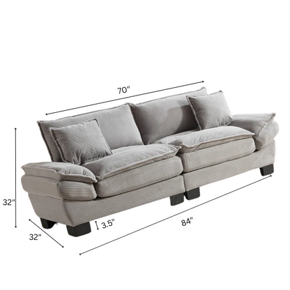 84-inch light grey corduroy loveseat with striped upholstery, pillow-top arms, and two accent pillows—modern, neutral-toned sofa ideal for living rooms, apartments, and minimalist spaces.

