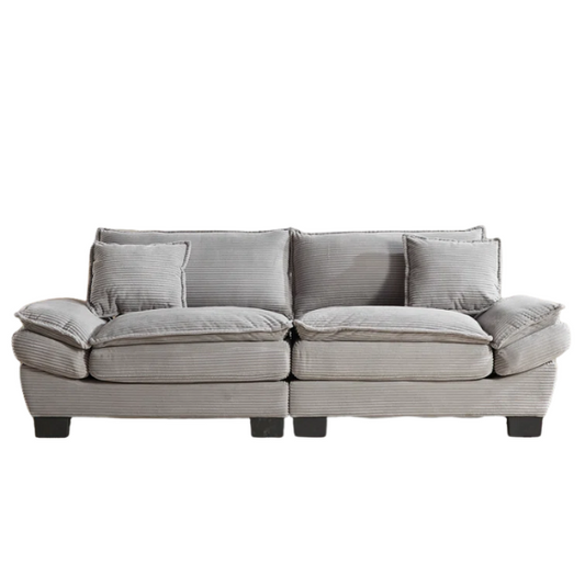 84-inch light grey corduroy loveseat with striped upholstery, pillow-top arms, and two accent pillows—modern, neutral-toned sofa ideal for living rooms, apartments, and minimalist spaces.
