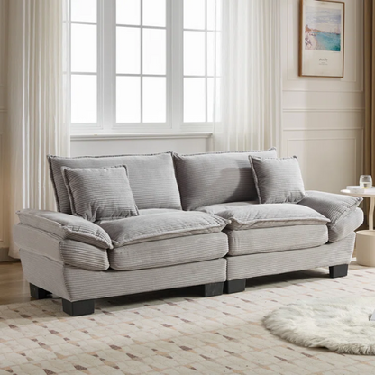 84-inch light grey corduroy loveseat with striped upholstery, pillow-top arms, and two accent pillows—modern, neutral-toned sofa ideal for living rooms, apartments, and minimalist spaces.

