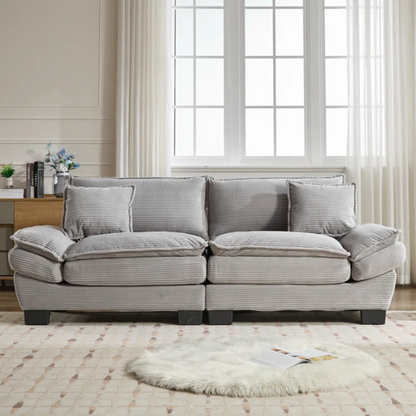 84-inch light grey corduroy loveseat with striped upholstery, pillow-top arms, and two accent pillows—modern, neutral-toned sofa ideal for living rooms, apartments, and minimalist spaces.

