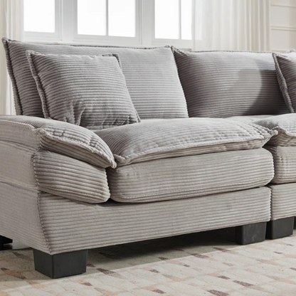84-inch light grey corduroy loveseat with striped upholstery, pillow-top arms, and two accent pillows—modern, neutral-toned sofa ideal for living rooms, apartments, and minimalist spaces.

