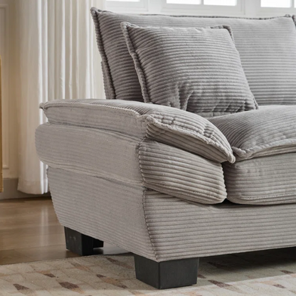 84-inch light grey corduroy loveseat with striped upholstery, pillow-top arms, and two accent pillows—modern, neutral-toned sofa ideal for living rooms, apartments, and minimalist spaces.

