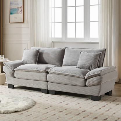 84-inch light grey corduroy loveseat with striped upholstery, pillow-top arms, and two accent pillows—modern, neutral-toned sofa ideal for living rooms, apartments, and minimalist spaces.

