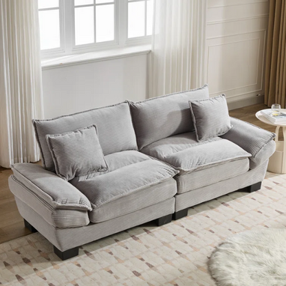 84-inch light grey corduroy loveseat with striped upholstery, pillow-top arms, and two accent pillows—modern, neutral-toned sofa ideal for living rooms, apartments, and minimalist spaces.

