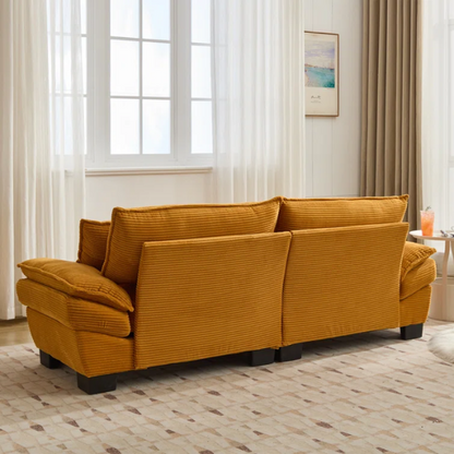 84-inch mustard yellow corduroy loveseat with striped upholstery, pillow-top arms, and two accent pillows—modern, low-profile design ideal for stylish living rooms, apartments, or creative spaces.

