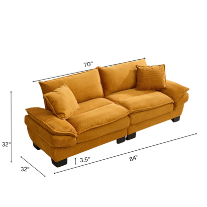 84-inch mustard yellow corduroy loveseat with striped upholstery, pillow-top arms, and two accent pillows—modern, low-profile design ideal for stylish living rooms, apartments, or creative spaces.

