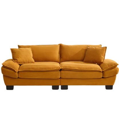 84-inch mustard yellow corduroy loveseat with striped upholstery, pillow-top arms, and two accent pillows—modern, low-profile design ideal for stylish living rooms, apartments, or creative spaces.

