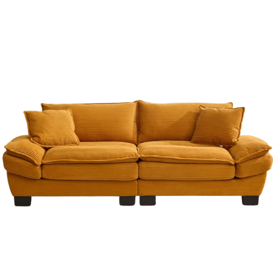 84-inch mustard yellow corduroy loveseat with striped upholstery, pillow-top arms, and two accent pillows—modern, low-profile design ideal for stylish living rooms, apartments, or creative spaces.

