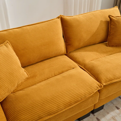 84-inch mustard yellow corduroy loveseat with striped upholstery, pillow-top arms, and two accent pillows—modern, low-profile design ideal for stylish living rooms, apartments, or creative spaces.

