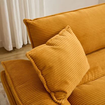 84-inch mustard yellow corduroy loveseat with striped upholstery, pillow-top arms, and two accent pillows—modern, low-profile design ideal for stylish living rooms, apartments, or creative spaces.

