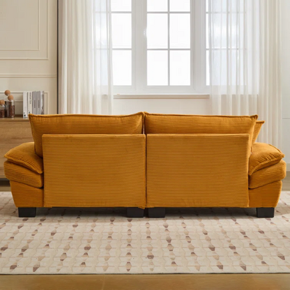 84-inch mustard yellow corduroy loveseat with striped upholstery, pillow-top arms, and two accent pillows—modern, low-profile design ideal for stylish living rooms, apartments, or creative spaces.

