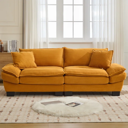 84-inch mustard yellow corduroy loveseat with striped upholstery, pillow-top arms, and two accent pillows—modern, low-profile design ideal for stylish living rooms, apartments, or creative spaces.

