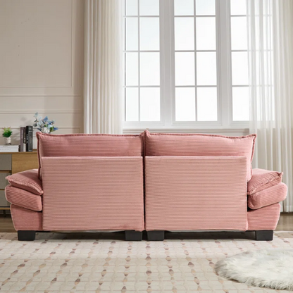 84-inch pink corduroy loveseat with striped upholstery, pillow-top arms, and two accent pillows—modern, playful design ideal for living rooms, apartments, or stylish bedrooms.

