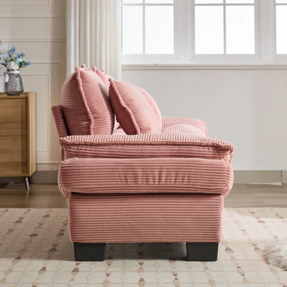 84-inch pink corduroy loveseat with striped upholstery, pillow-top arms, and two accent pillows—modern, playful design ideal for living rooms, apartments, or stylish bedrooms.

