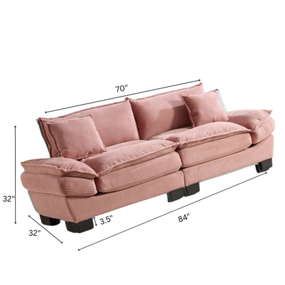 84-inch pink corduroy loveseat with striped upholstery, pillow-top arms, and two accent pillows—modern, playful design ideal for living rooms, apartments, or stylish bedrooms.

