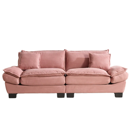 84-inch pink corduroy loveseat with striped upholstery, pillow-top arms, and two accent pillows—modern, playful design ideal for living rooms, apartments, or stylish bedrooms.
