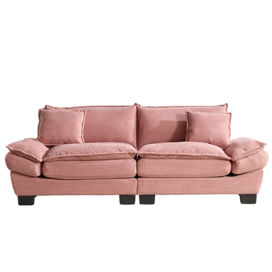84-inch pink corduroy loveseat with striped upholstery, pillow-top arms, and two accent pillows—modern, playful design ideal for living rooms, apartments, or stylish bedrooms.
