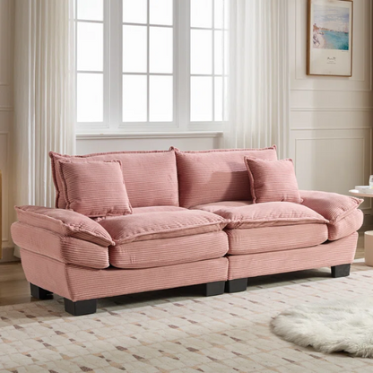 84-inch pink corduroy loveseat with striped upholstery, pillow-top arms, and two accent pillows—modern, playful design ideal for living rooms, apartments, or stylish bedrooms.

