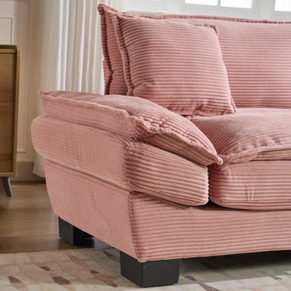 84-inch pink corduroy loveseat with striped upholstery, pillow-top arms, and two accent pillows—modern, playful design ideal for living rooms, apartments, or stylish bedrooms.

