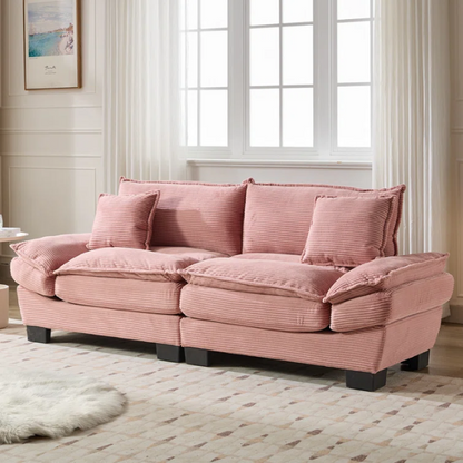 84-inch pink corduroy loveseat with striped upholstery, pillow-top arms, and two accent pillows—modern, playful design ideal for living rooms, apartments, or stylish bedrooms.

