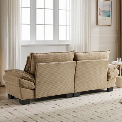84-inch taupe corduroy loveseat with striped upholstery, pillow-top arms, and two accent pillows—neutral, low-profile design perfect for modern, minimalist, or transitional interiors.

